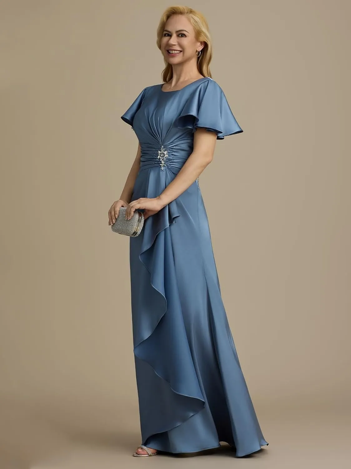 Satin Mother of The Bride Dresses 2025 Short Sleeves Ruched Long Formal Gown Wedding Guest Dress
