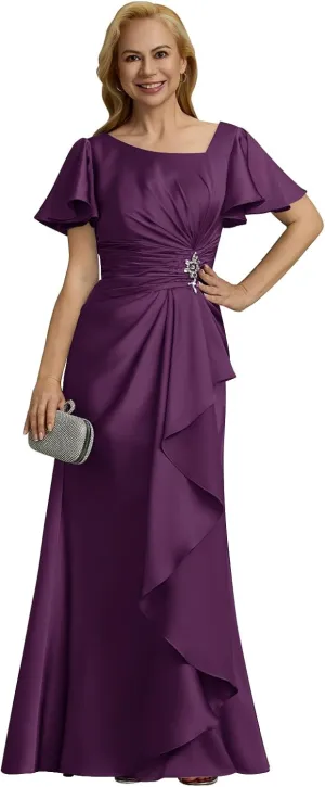 Satin Mother of The Bride Dresses 2025 Short Sleeves Ruched Long Formal Gown Wedding Guest Dress