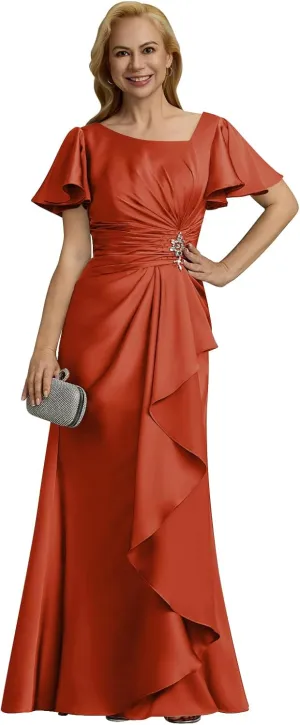Satin Mother of The Bride Dresses 2025 Short Sleeves Ruched Long Formal Gown Wedding Guest Dress