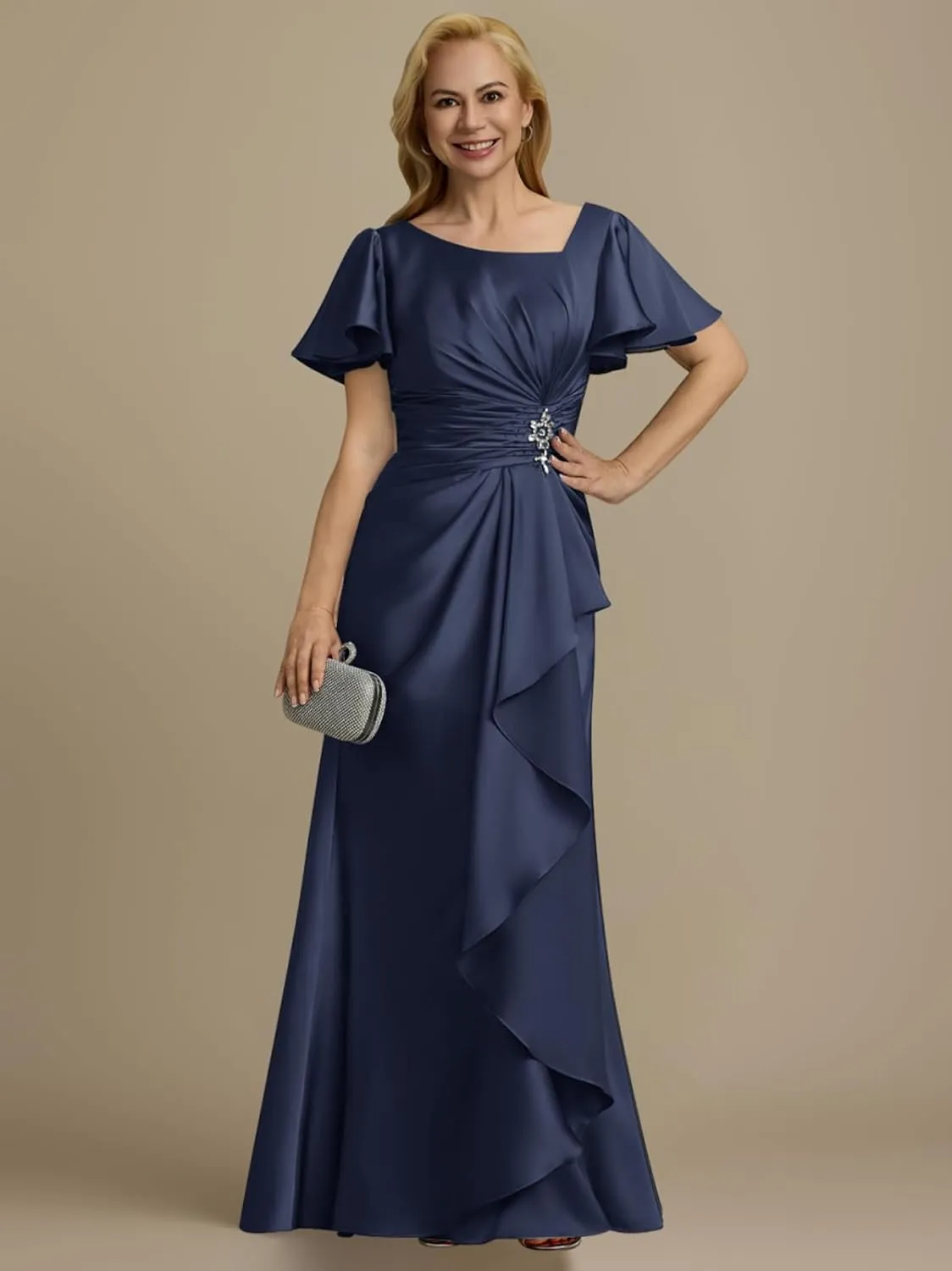 Satin Mother of The Bride Dresses 2025 Short Sleeves Ruched Long Formal Gown Wedding Guest Dress