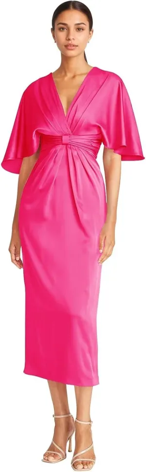 Satin V Neck Mother of The Groom Dresses for Women Tea Length Ruched Waist Formal Dress