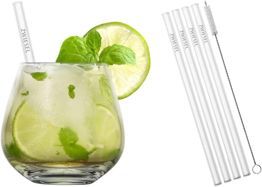 Schott Zwiesel After Work Drinks, Set of 4 Cups, 4 Glass Drinking Straws and 1 Cotton Brush, Dishwasher Safe Tritan Crystal Glasses, Made in Germany (Item No. 130015)
