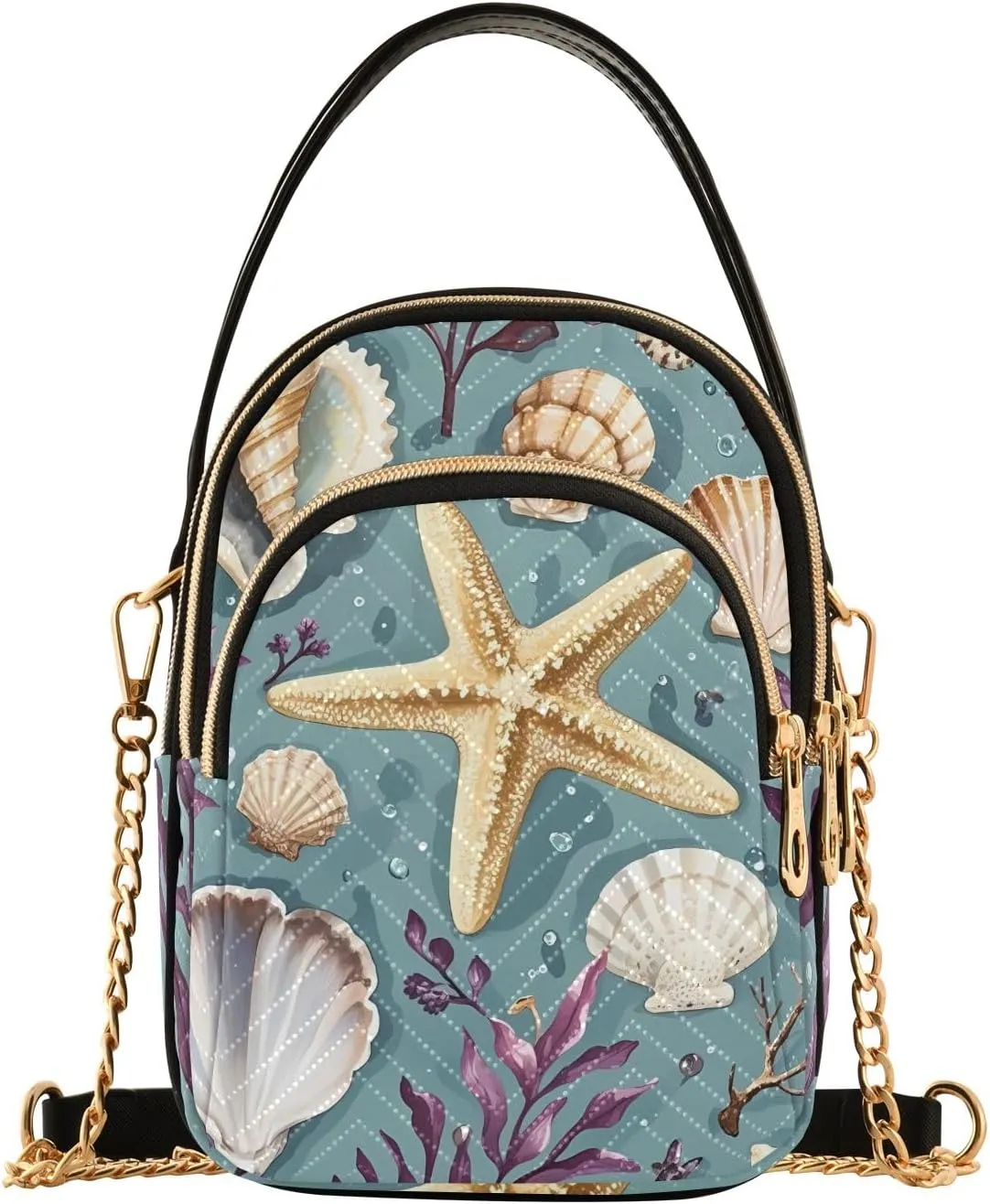 Seashells and Seaweed Teal Quilted Crossbody Bag Small Shoulder Purse Women's Handbags Phone Purse with Chain
