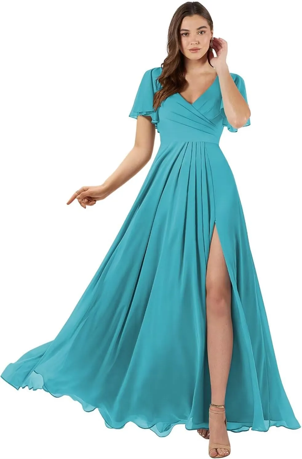SEIM Women's Flutter Sleeve Bridesmaid Dresses Long with Slit V Neck Chiffon Formal Dresses SE036
