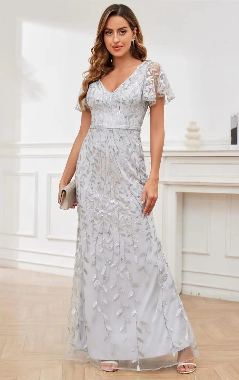 Sequin Lace Mother of The Bride Dresses for Women Short Sleeve Mermaid Elegant Formal Evening Dress