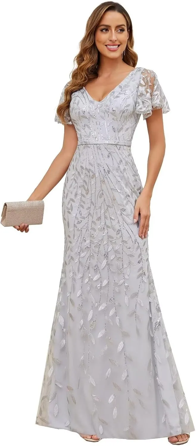 Sequin Lace Mother of The Bride Dresses for Women Short Sleeve Mermaid Elegant Formal Evening Dress