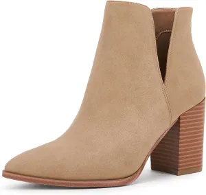 SERAIH Womens Pointed Toe Ankle Booties Stacked Mid Block Heel Cutout Back Zipper Shoes Faux Leather Boots