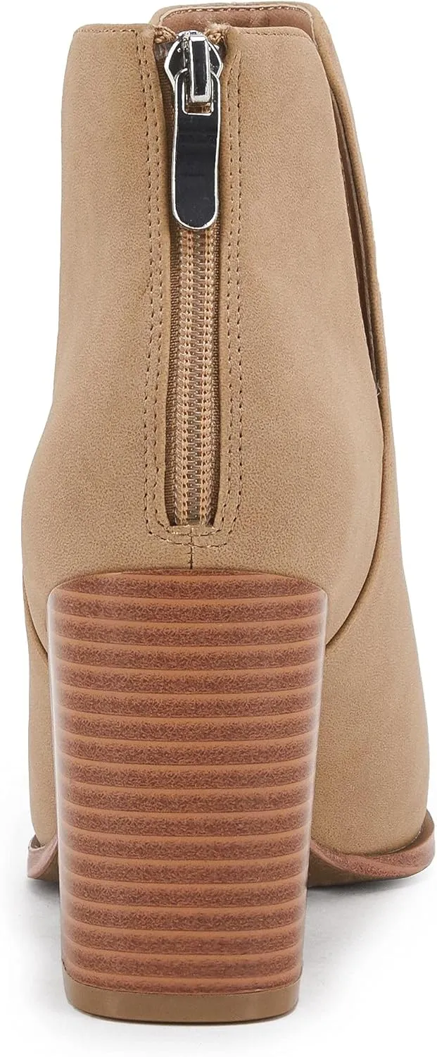 SERAIH Womens Pointed Toe Ankle Booties Stacked Mid Block Heel Cutout Back Zipper Shoes Faux Leather Boots