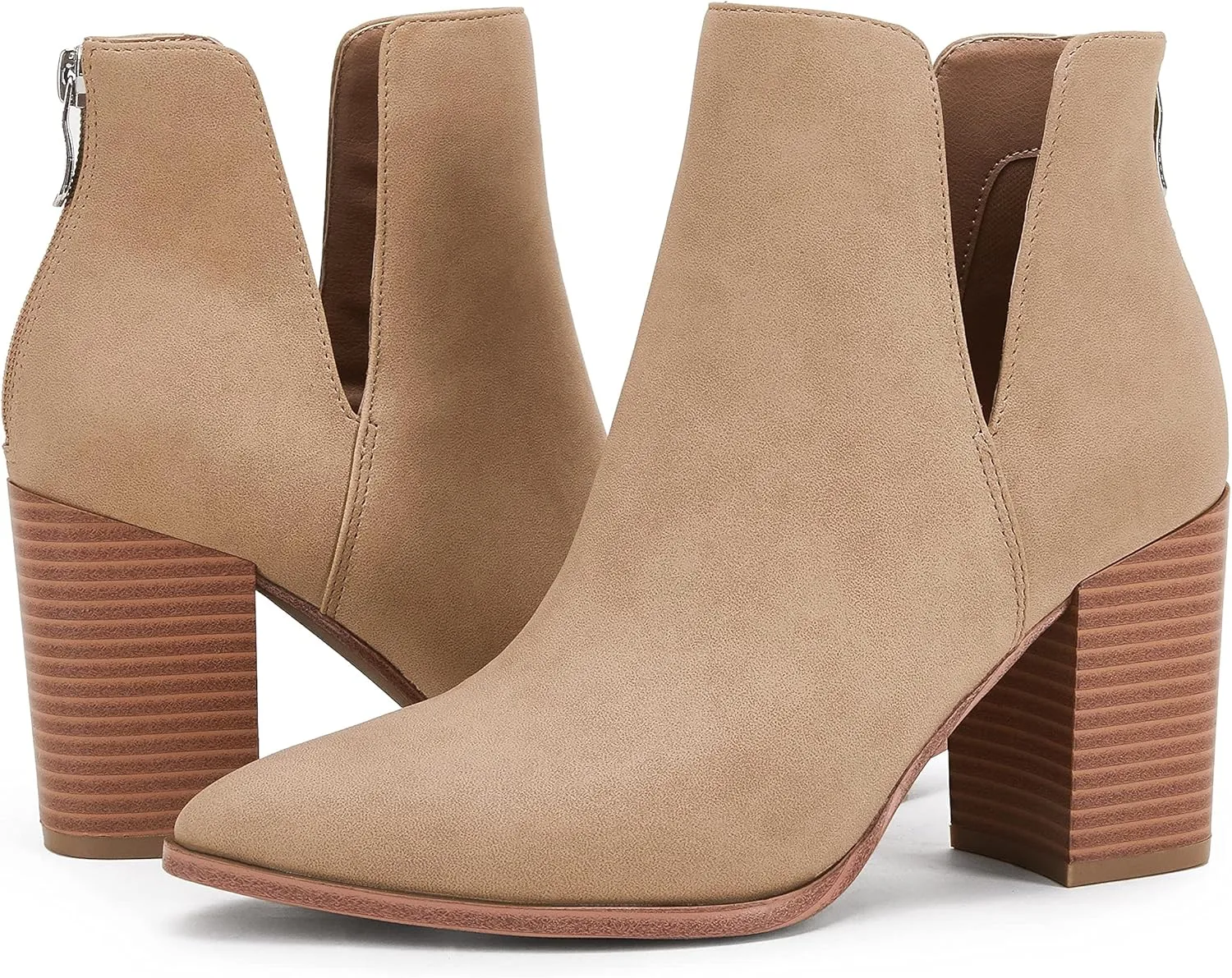 SERAIH Womens Pointed Toe Ankle Booties Stacked Mid Block Heel Cutout Back Zipper Shoes Faux Leather Boots