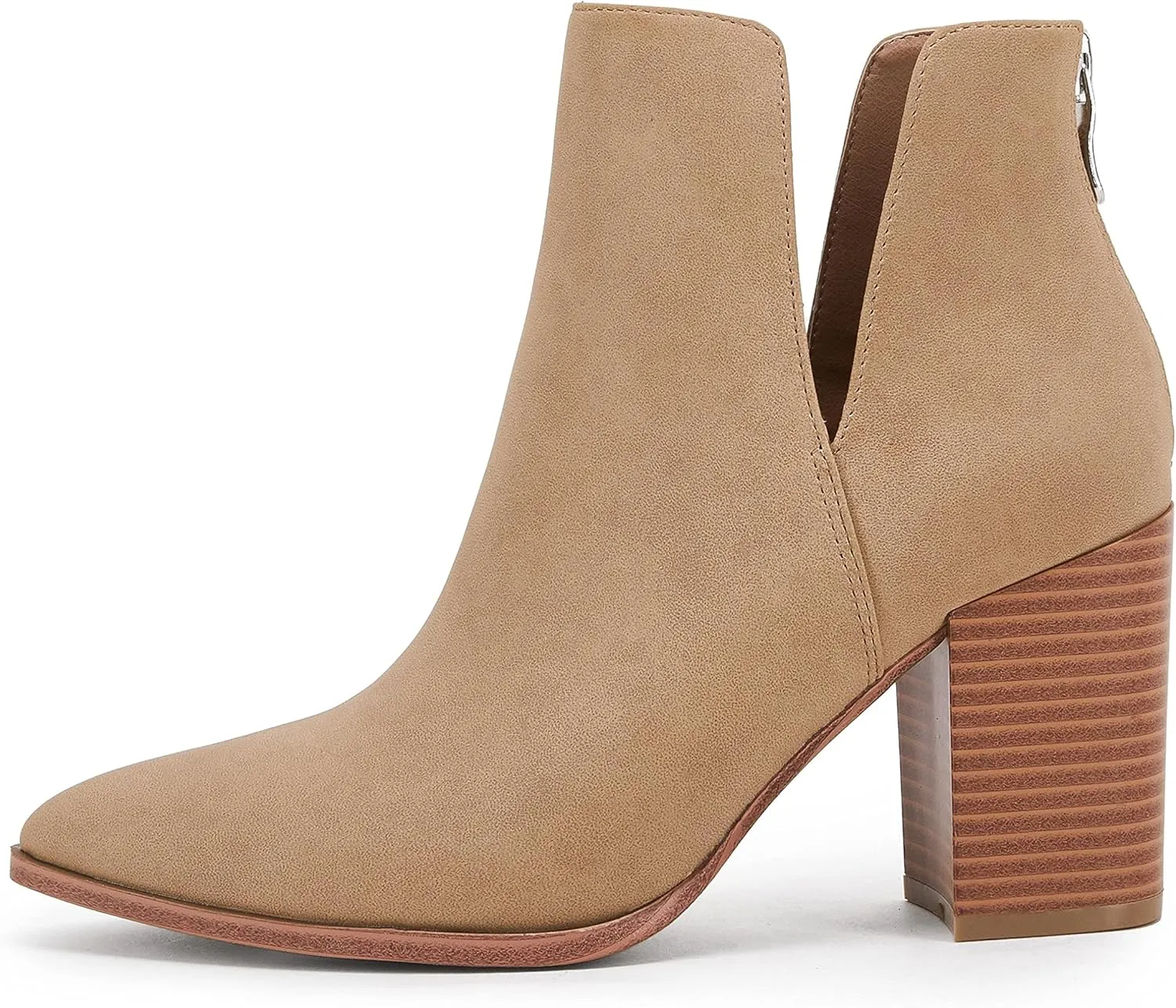 SERAIH Womens Pointed Toe Ankle Booties Stacked Mid Block Heel Cutout Back Zipper Shoes Faux Leather Boots