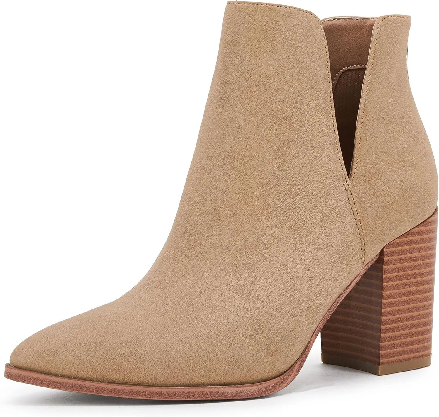SERAIH Womens Pointed Toe Ankle Booties Stacked Mid Block Heel Cutout Back Zipper Shoes Faux Leather Boots