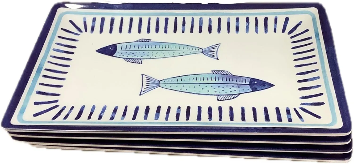 Set of 4 Melamine Rectangular Appetizer Plates, Blue Fish with Border