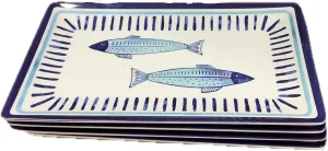Set of 4 Melamine Rectangular Appetizer Plates, Blue Fish with Border