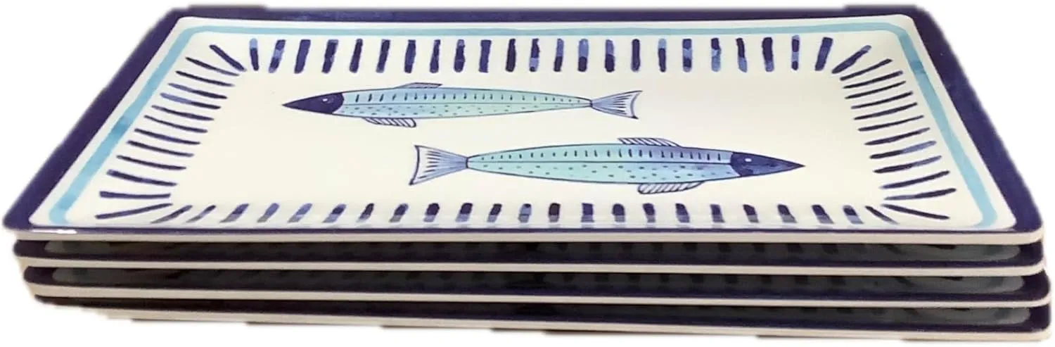 Set of 4 Melamine Rectangular Appetizer Plates, Blue Fish with Border