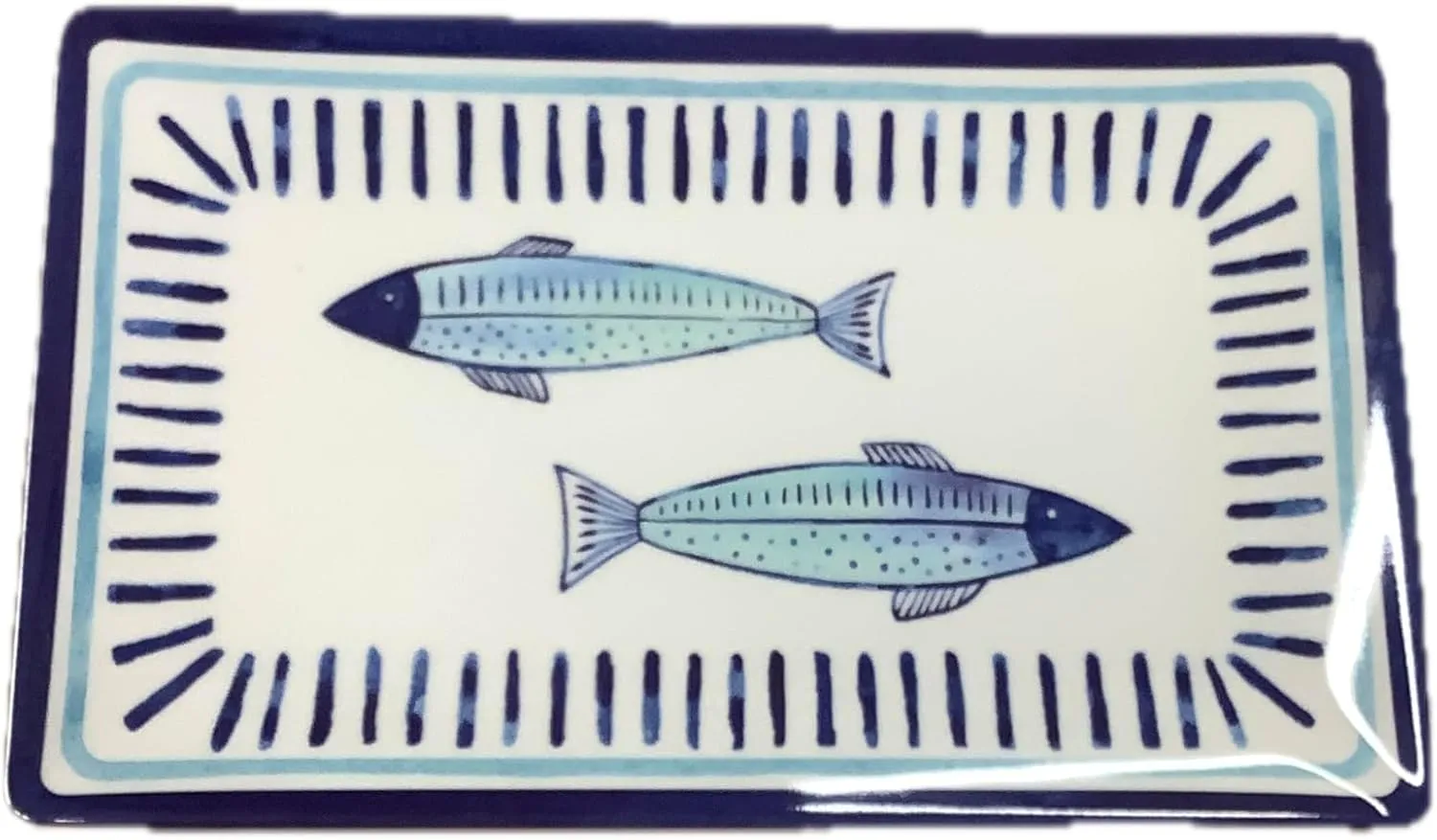Set of 4 Melamine Rectangular Appetizer Plates, Blue Fish with Border