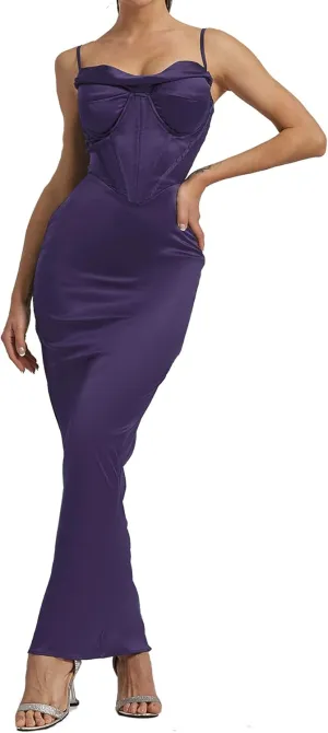 Sexyshine Women's Spaghetti Strap Cowl Neck Satin Corset Dress Bodycon Backless Formal Evening Party Maxi Dress