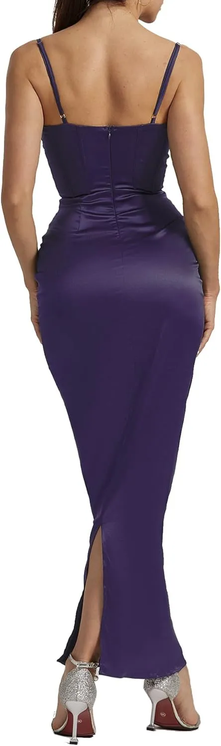 Sexyshine Women's Spaghetti Strap Cowl Neck Satin Corset Dress Bodycon Backless Formal Evening Party Maxi Dress