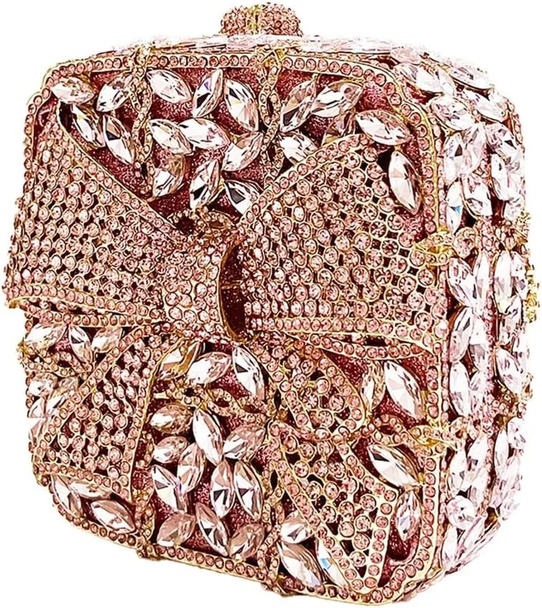 Shining Ladies Bow Knot Evening Clutch Crystal Handbag Rhinestone Shoulder Bag Diamond Purse for Wedding Prom Party