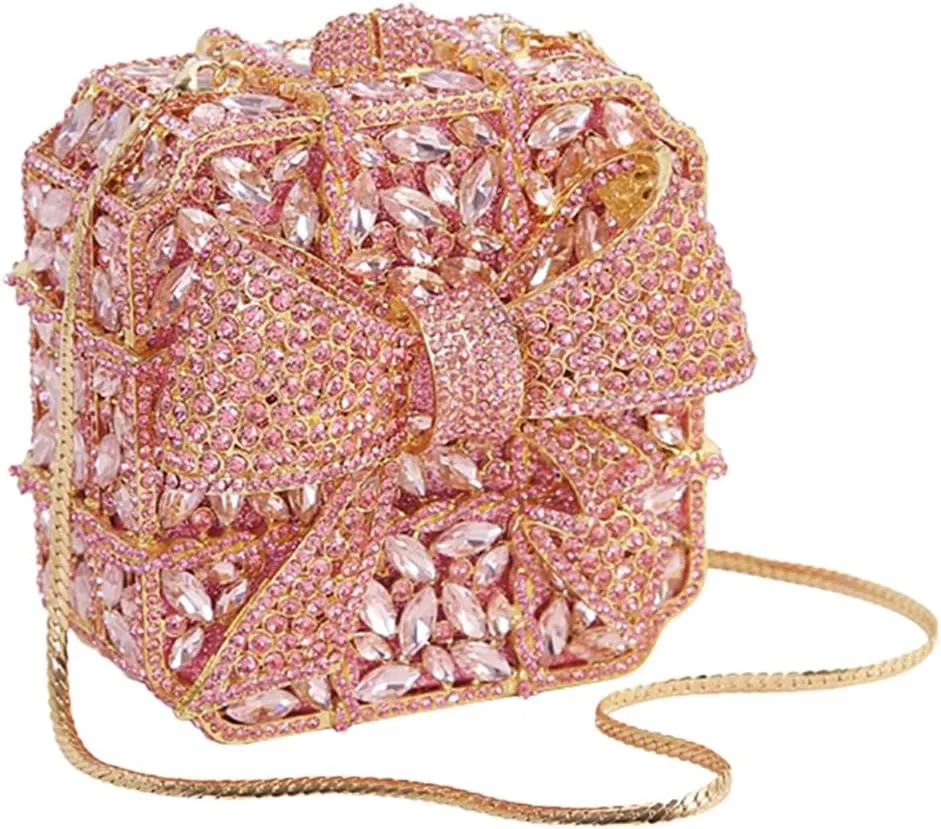 Shining Ladies Bow Knot Evening Clutch Crystal Handbag Rhinestone Shoulder Bag Diamond Purse for Wedding Prom Party