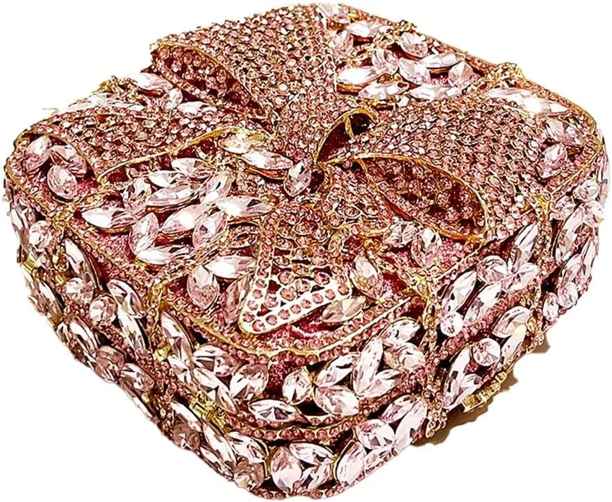 Shining Ladies Bow Knot Evening Clutch Crystal Handbag Rhinestone Shoulder Bag Diamond Purse for Wedding Prom Party