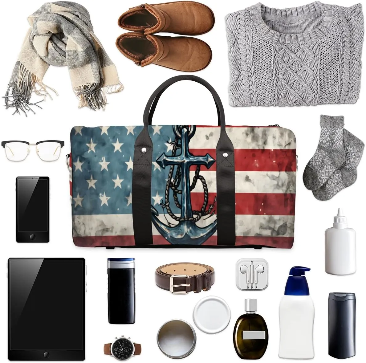 Ship Anchor Travel Duffle Bag for Women Men Gym Duffel Foldable Bag Waterproof Weekender American Flag Duffle Tote