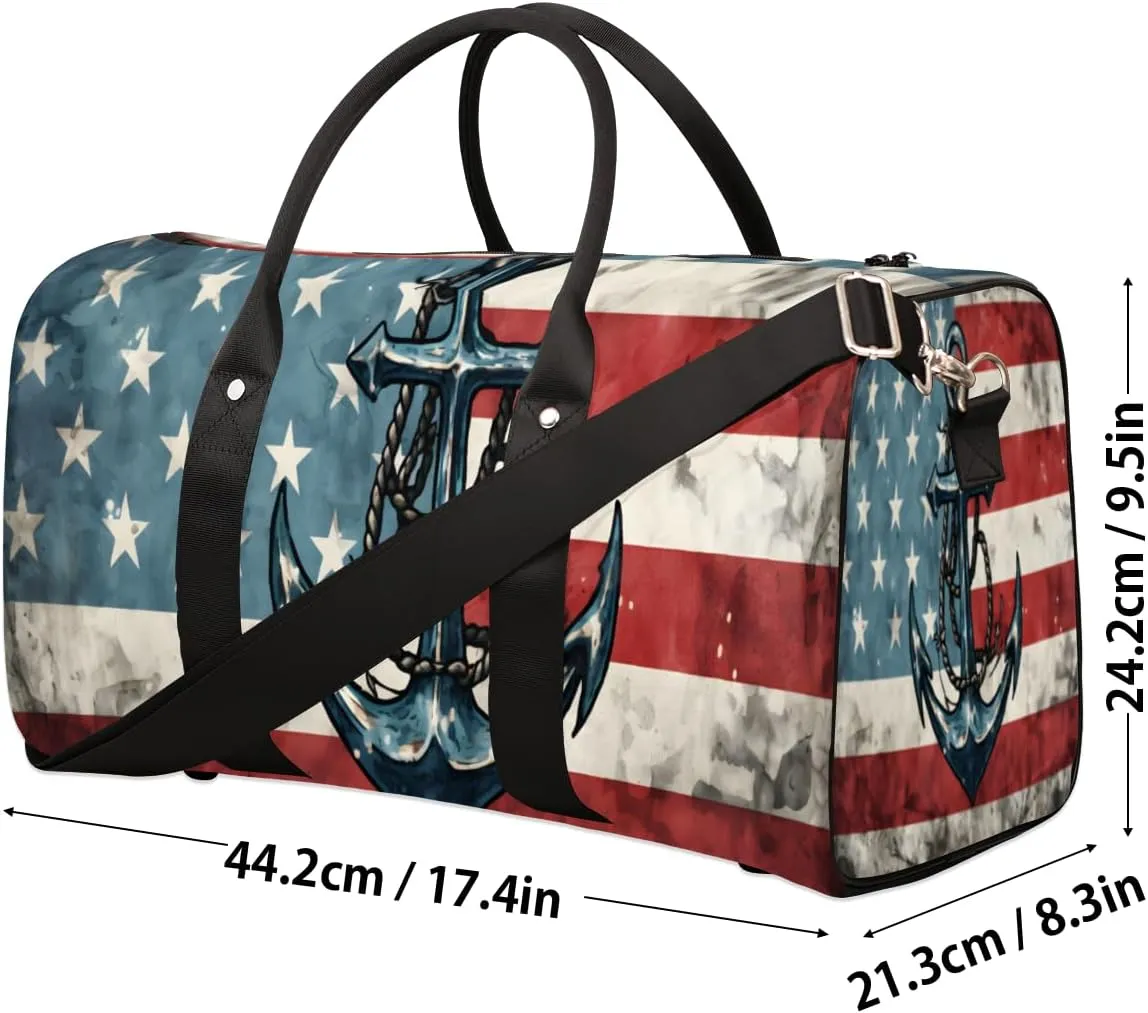 Ship Anchor Travel Duffle Bag for Women Men Gym Duffel Foldable Bag Waterproof Weekender American Flag Duffle Tote