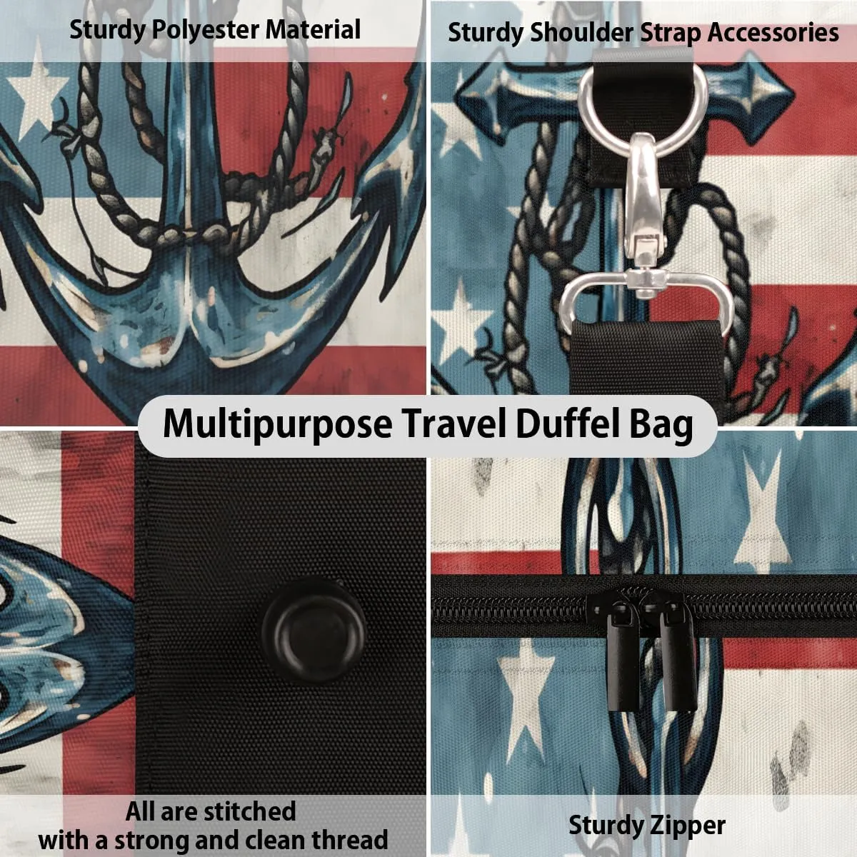Ship Anchor Travel Duffle Bag for Women Men Gym Duffel Foldable Bag Waterproof Weekender American Flag Duffle Tote