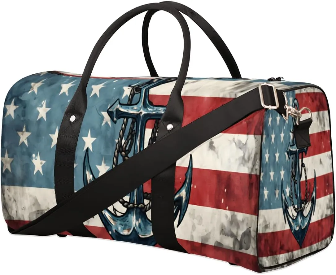 Ship Anchor Travel Duffle Bag for Women Men Gym Duffel Foldable Bag Waterproof Weekender American Flag Duffle Tote
