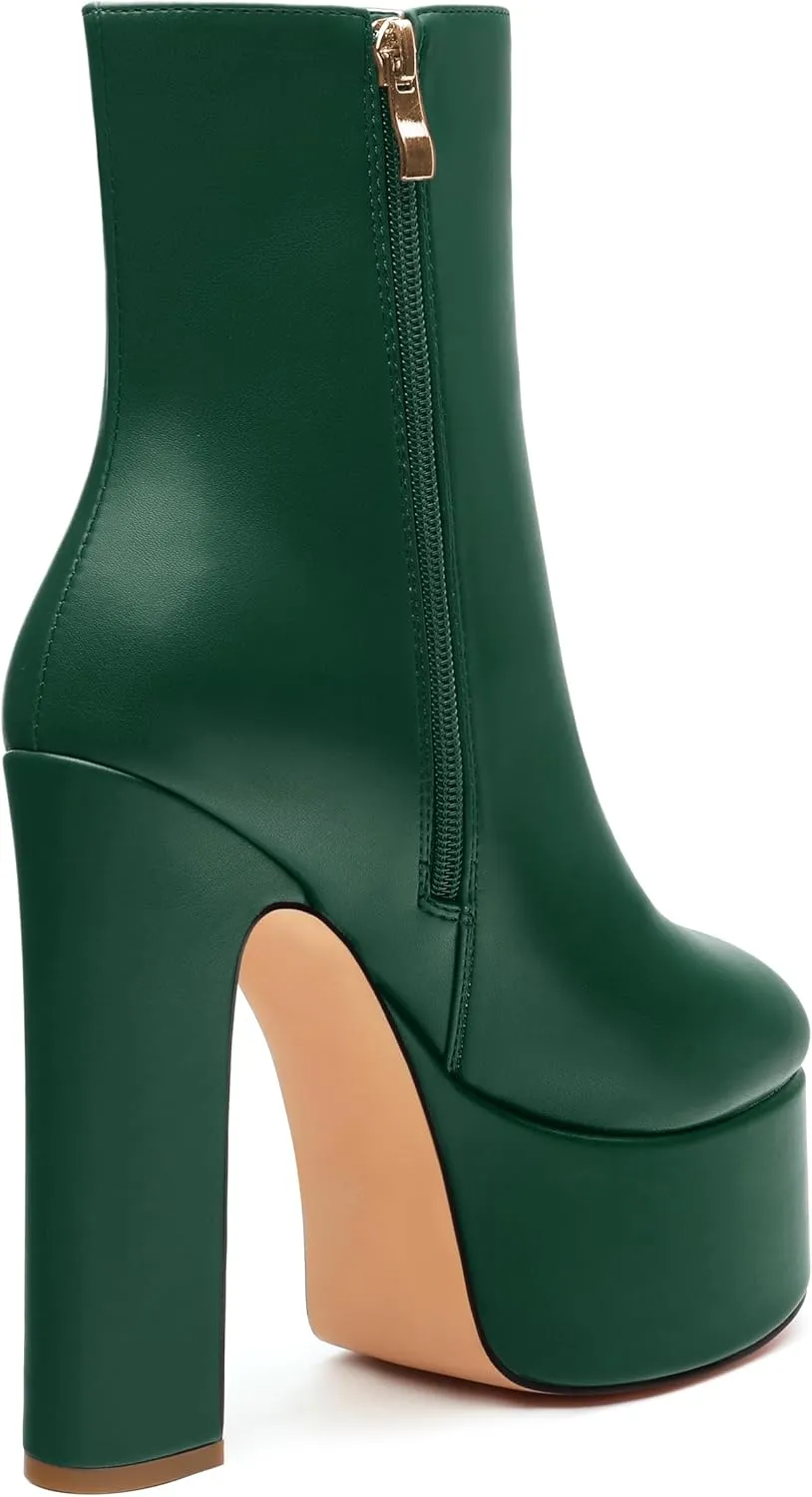 SHOWFOREST Platform Ankle Boots for Women Block High Heel Round Toe 5.9 Inch Short Booties Side Zipper Fashion Wedding Evening Party Fall Shoes