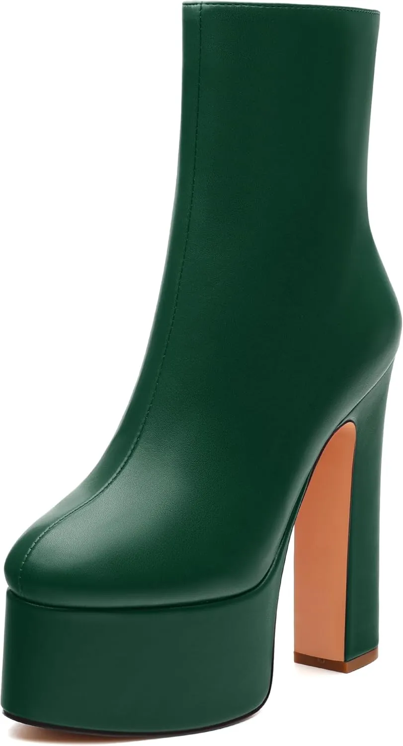 SHOWFOREST Platform Ankle Boots for Women Block High Heel Round Toe 5.9 Inch Short Booties Side Zipper Fashion Wedding Evening Party Fall Shoes