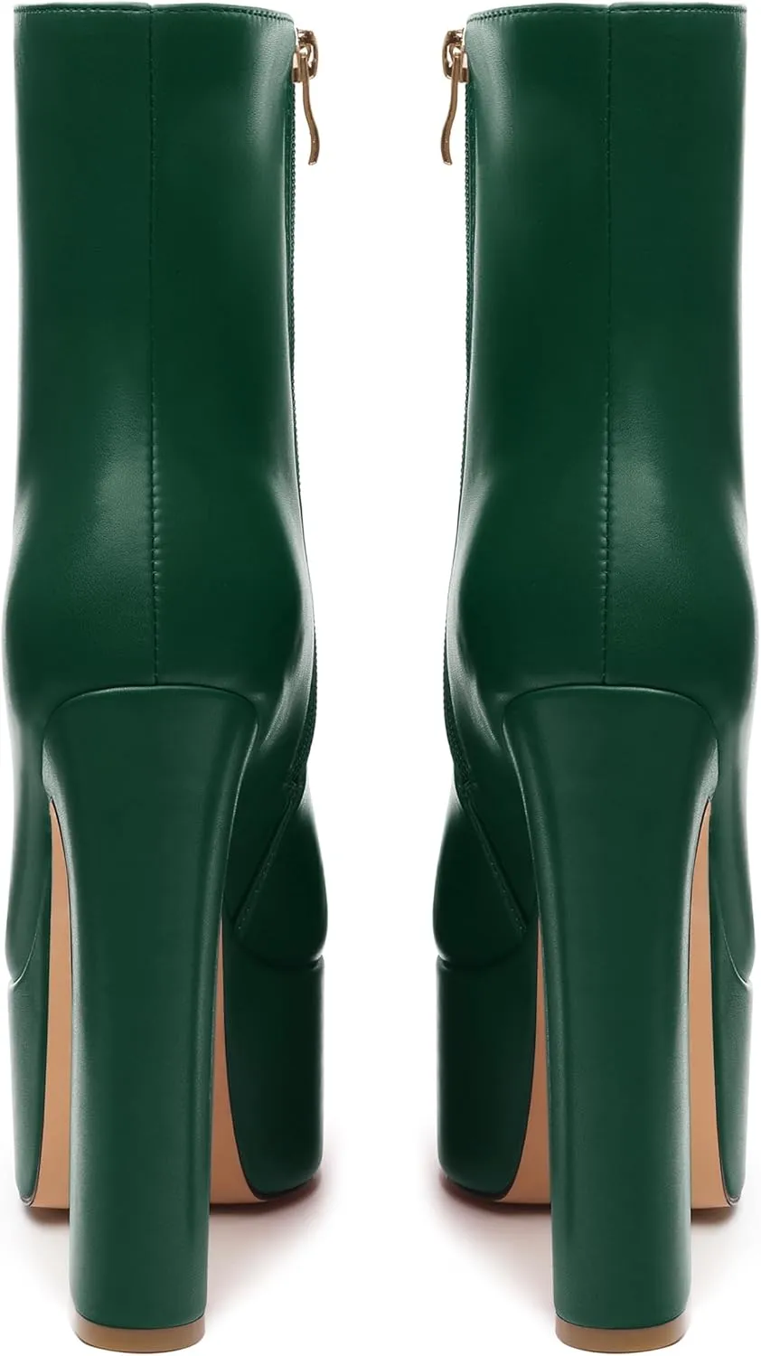 SHOWFOREST Platform Ankle Boots for Women Block High Heel Round Toe 5.9 Inch Short Booties Side Zipper Fashion Wedding Evening Party Fall Shoes