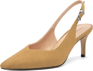 SHOWFOREST Slingback Heels for Women Stiletto Heel Closed Square Toe Suede 2.5 Inch Pumps with Buckle Comfortable Office Evening Party Dress Shoes