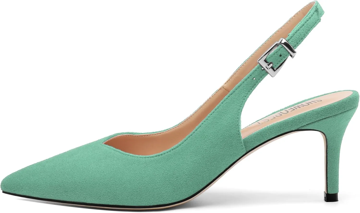 SHOWFOREST Slingback Heels for Women Stiletto Heel Closed Square Toe Suede 2.5 Inch Pumps with Buckle Comfortable Office Evening Party Dress Shoes