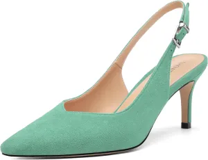 SHOWFOREST Slingback Heels for Women Stiletto Heel Closed Square Toe Suede 2.5 Inch Pumps with Buckle Comfortable Office Evening Party Dress Shoes