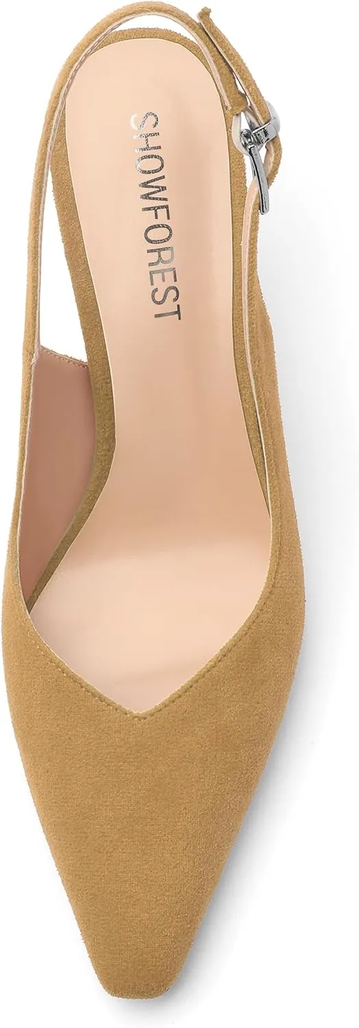 SHOWFOREST Slingback Heels for Women Stiletto Heel Closed Square Toe Suede 2.5 Inch Pumps with Buckle Comfortable Office Evening Party Dress Shoes