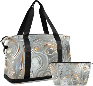Silver Vintage Thorn Flowers Large Gym Bag Gym Sports Carry with Adjustable Strap for Workout 2 Pcs Set