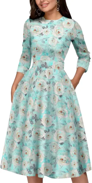 Simple Flavor Women's Floral Vintage Dress Elegant Midi Evening Dress 3/4 Sleeves