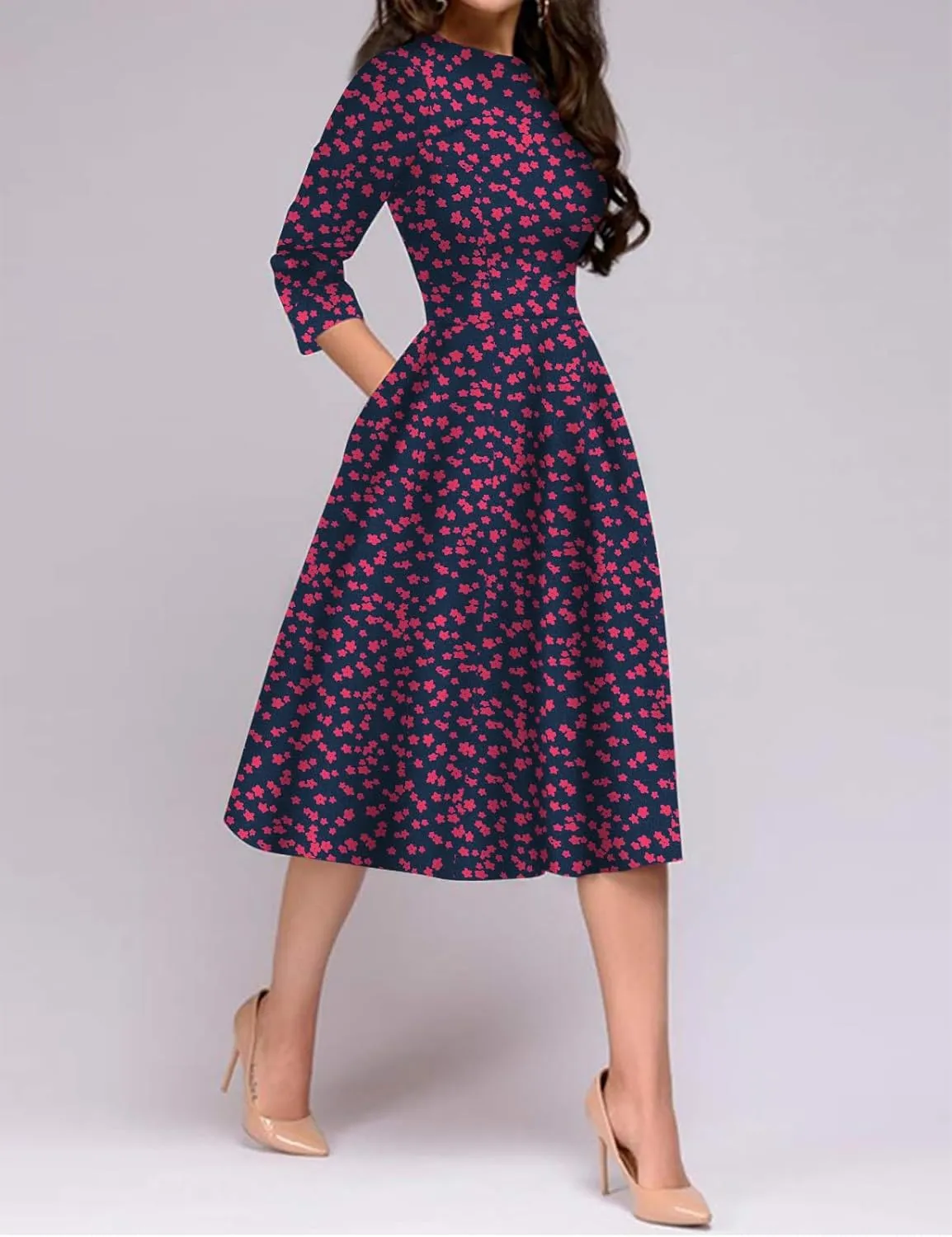 Simple Flavor Women's Floral Vintage Dress Elegant Midi Evening Dress 3/4 Sleeves