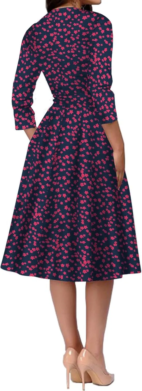 Simple Flavor Women's Floral Vintage Dress Elegant Midi Evening Dress 3/4 Sleeves