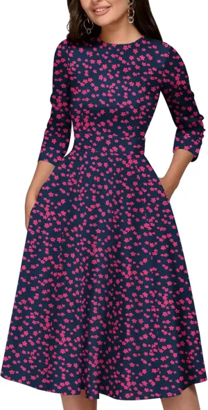 Simple Flavor Women's Floral Vintage Dress Elegant Midi Evening Dress 3/4 Sleeves