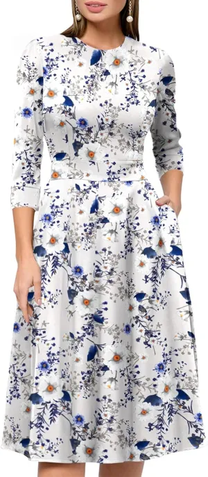 Simple Flavor Women's Floral Vintage Dress Elegant Midi Evening Dress 3/4 Sleeves