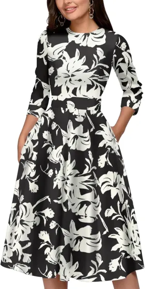 Simple Flavor Women's Floral Vintage Dress Elegant Midi Evening Dress 3/4 Sleeves