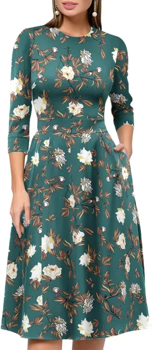 Simple Flavor Women's Floral Vintage Dress Elegant Midi Evening Dress 3/4 Sleeves