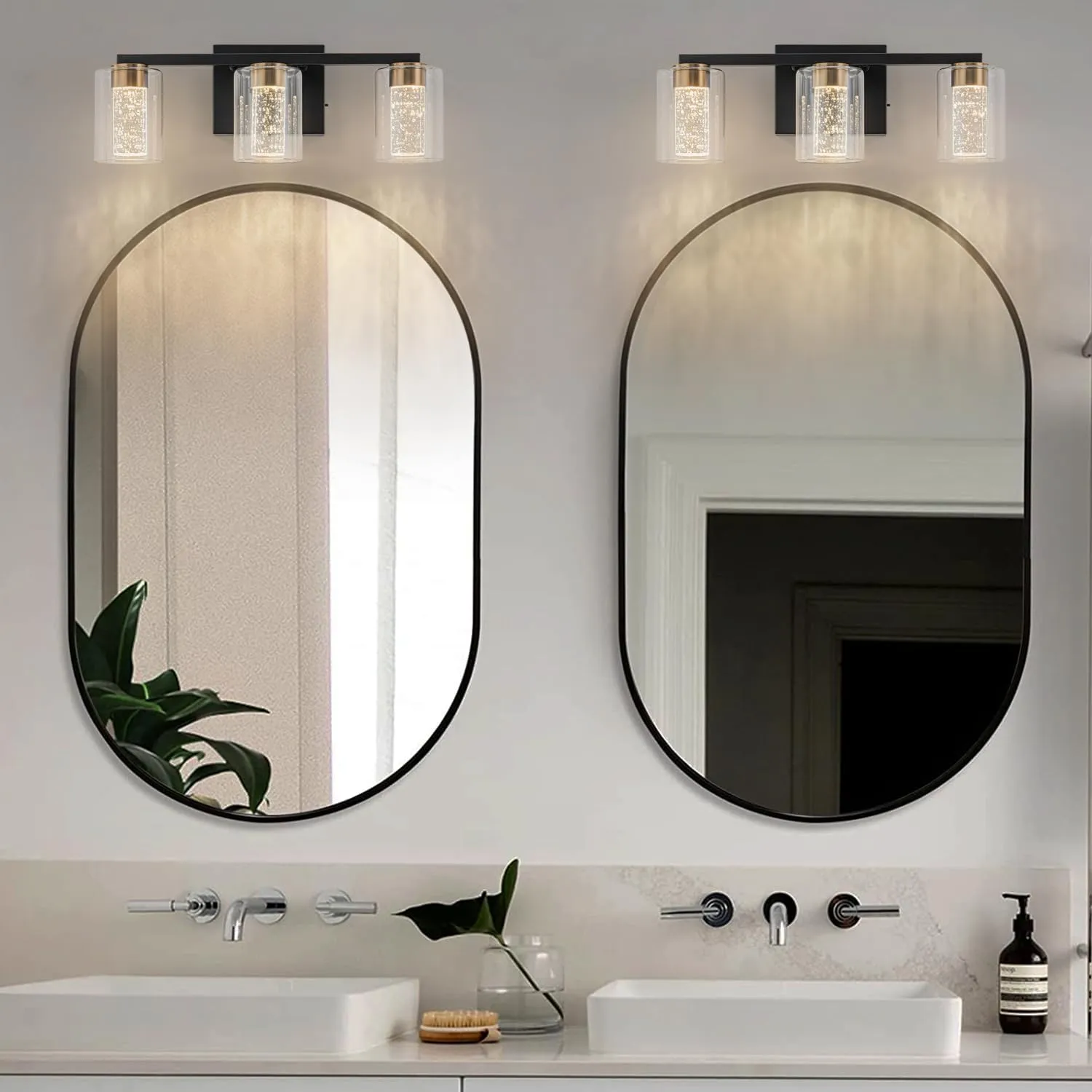 SineRise 3-Light Black and Gold Vanity Light with 3 Color Modes (3000K/4000K/6000K), Eye Protection LED Bathroom Light Fixture, Dimmable Modern Wall Light Over Mirror with Clear Glass Shade