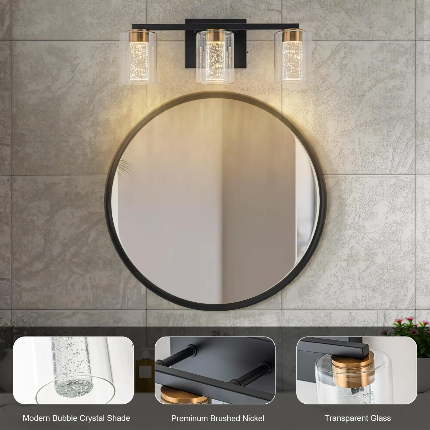 SineRise 3-Light Black and Gold Vanity Light with 3 Color Modes (3000K/4000K/6000K), Eye Protection LED Bathroom Light Fixture, Dimmable Modern Wall Light Over Mirror with Clear Glass Shade