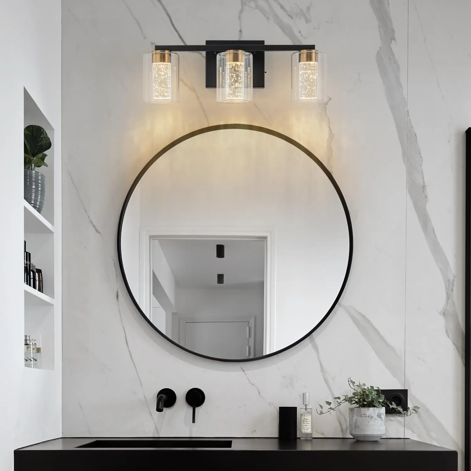 SineRise 3-Light Black and Gold Vanity Light with 3 Color Modes (3000K/4000K/6000K), Eye Protection LED Bathroom Light Fixture, Dimmable Modern Wall Light Over Mirror with Clear Glass Shade