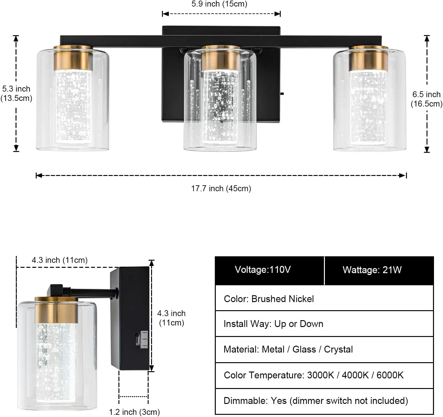 SineRise 3-Light Black and Gold Vanity Light with 3 Color Modes (3000K/4000K/6000K), Eye Protection LED Bathroom Light Fixture, Dimmable Modern Wall Light Over Mirror with Clear Glass Shade