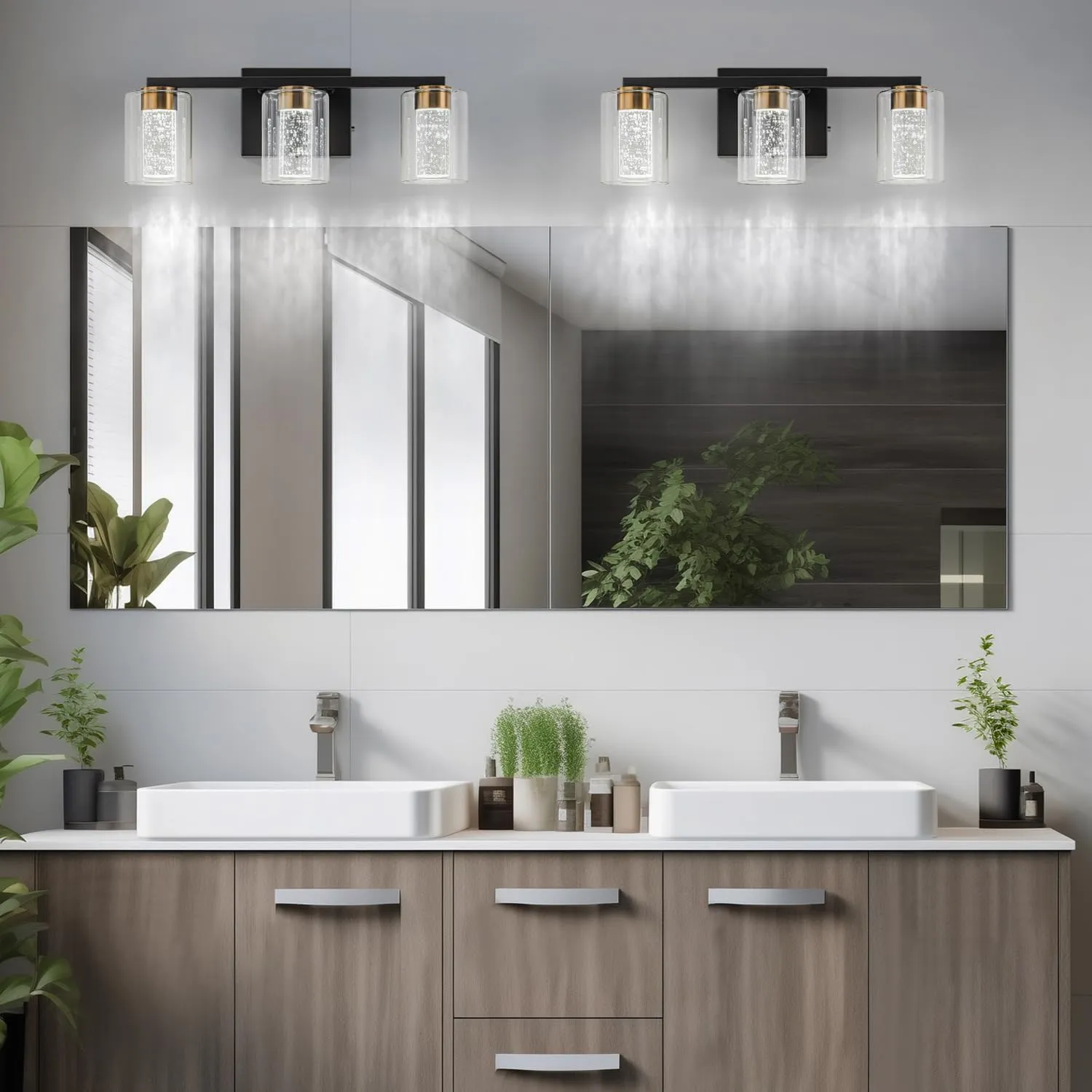SineRise 3-Light Black and Gold Vanity Light with 3 Color Modes (3000K/4000K/6000K), Eye Protection LED Bathroom Light Fixture, Dimmable Modern Wall Light Over Mirror with Clear Glass Shade