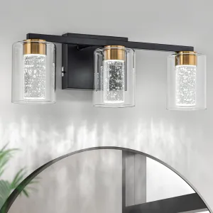 SineRise 3-Light Black and Gold Vanity Light with 3 Color Modes (3000K/4000K/6000K), Eye Protection LED Bathroom Light Fixture, Dimmable Modern Wall Light Over Mirror with Clear Glass Shade