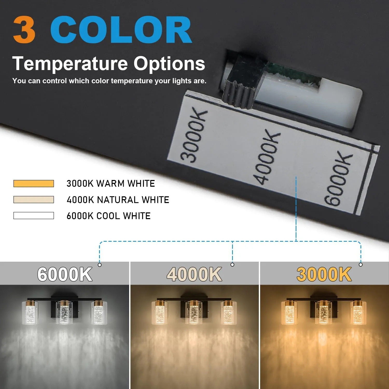 SineRise 3-Light Black and Gold Vanity Light with 3 Color Modes (3000K/4000K/6000K), Eye Protection LED Bathroom Light Fixture, Dimmable Modern Wall Light Over Mirror with Clear Glass Shade